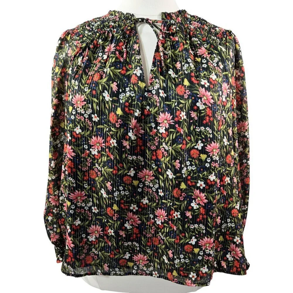 Old Navy Smocked Dark Floral Shine Blouse Chiffon Shimmering Ditsy Romantic